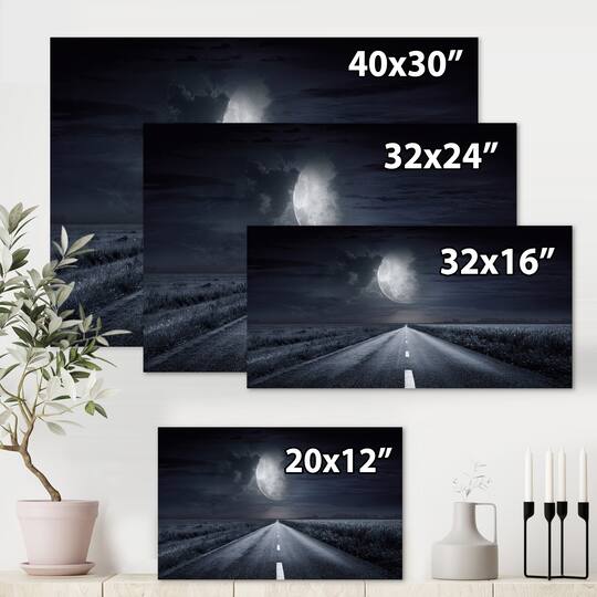 Designart - Asphalt Road Under Cloudy Full Moon III